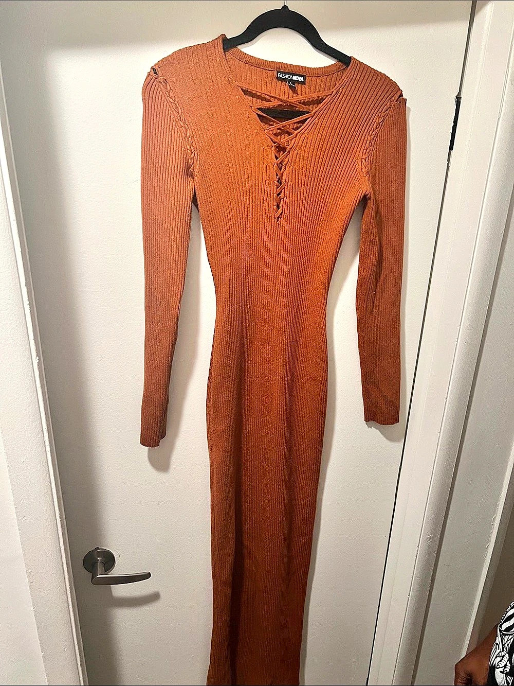 Fashion Nova Lace-Up Ribbed Maxi Dress Women's Brown